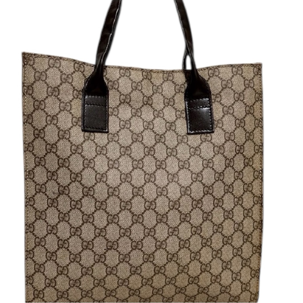 Gucci GG Monogram Canvas Tote Bag Brown Leather Trim Authentic Vintage Shopper - Picture 15 of 16